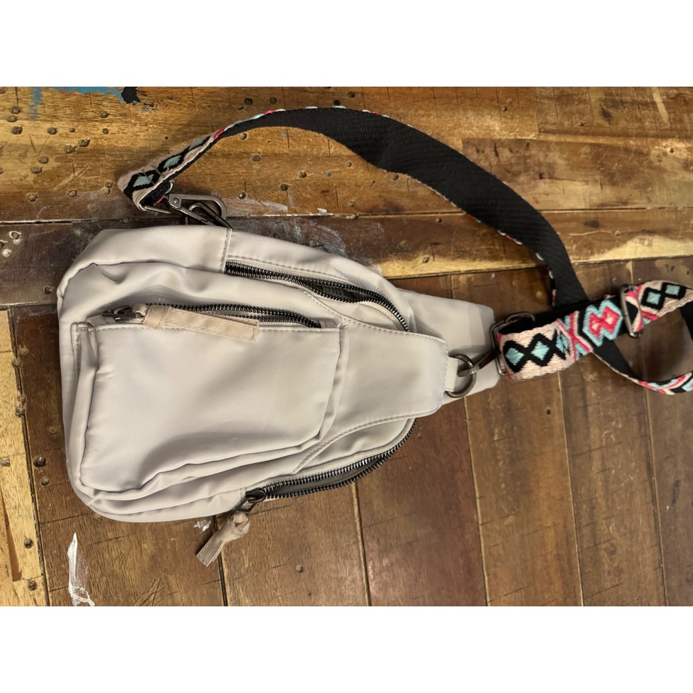 Maurices Light Gray Nylon Sling Bag Crossbody with Geometric Guitar Strap